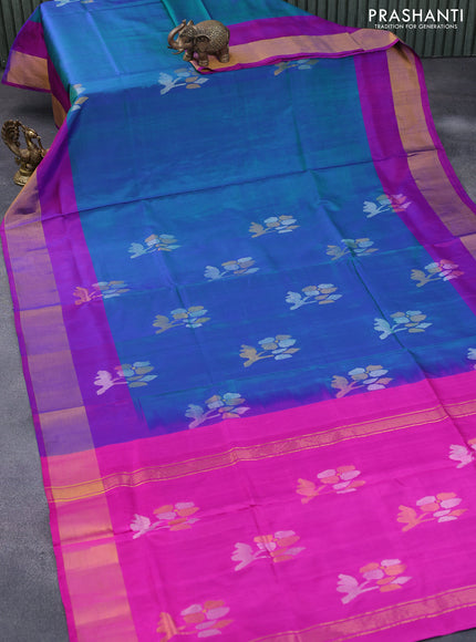 Pure uppada silk saree dual shade of bluish green and purple with allover jamdhani buttas and zari woven border