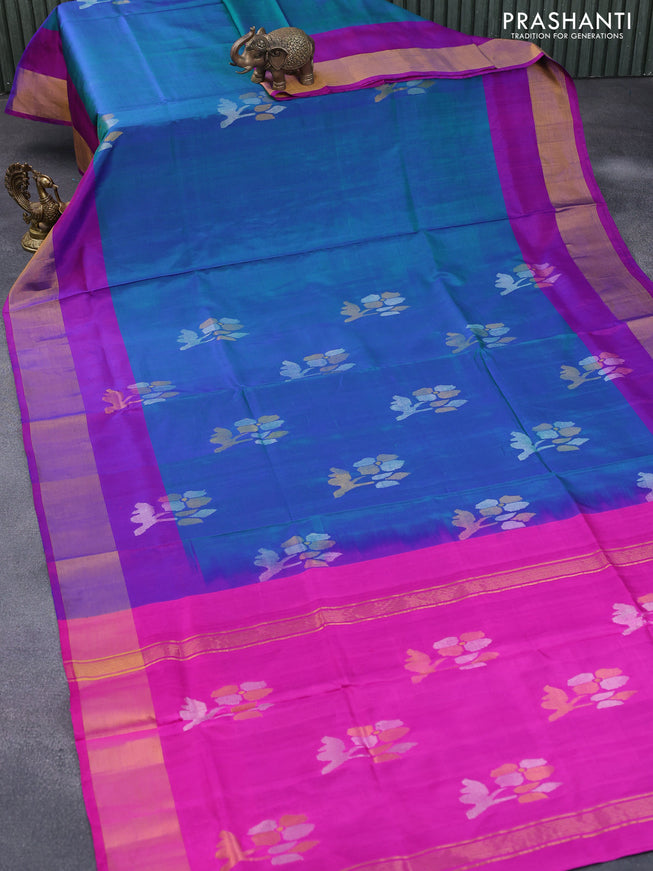 Pure uppada silk saree dual shade of bluish green and purple with allover jamdhani buttas and zari woven border