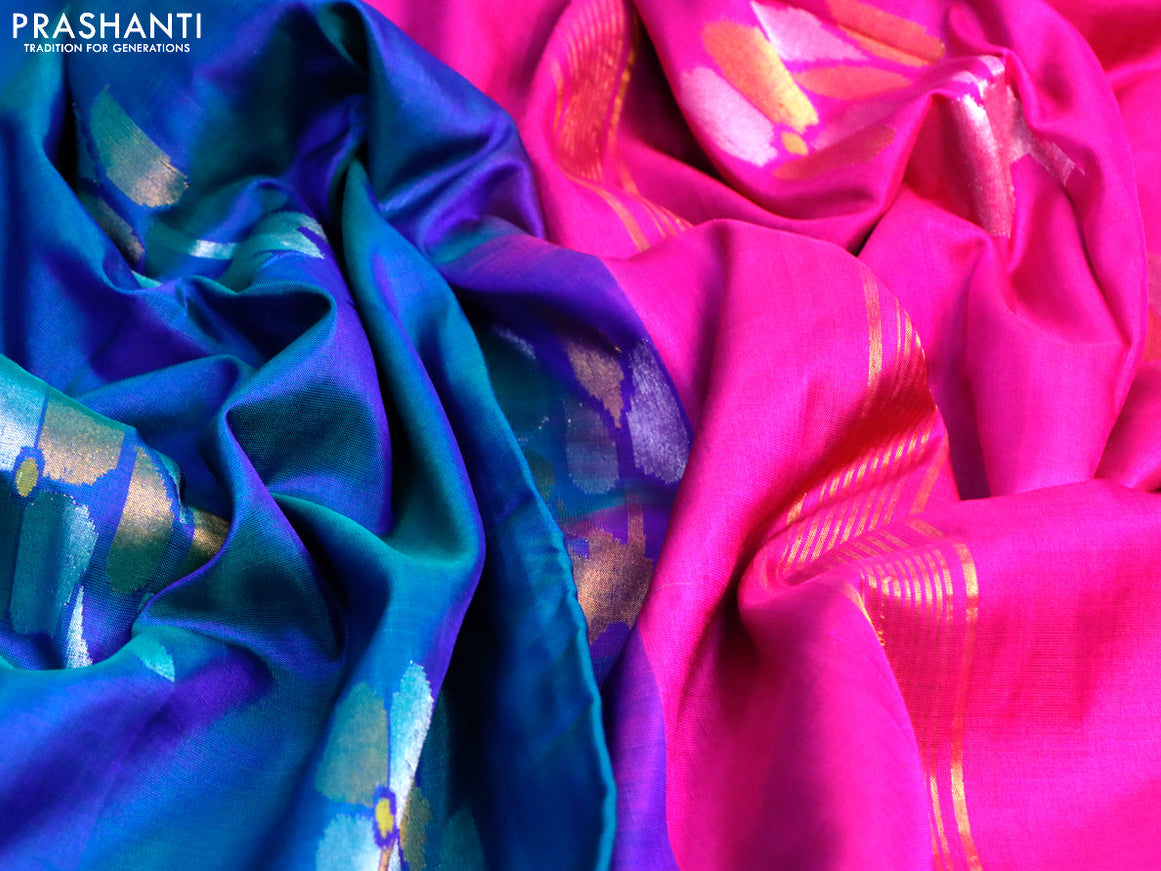 Pure uppada silk saree dual shade of bluish green and purple with allover jamdhani buttas and zari woven border