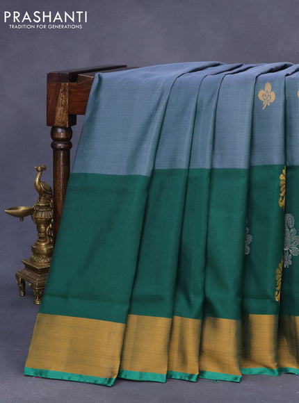 Pure uppada silk saree dual shade of greyish green and green with silver & gold zari woven buttas and zari woven border