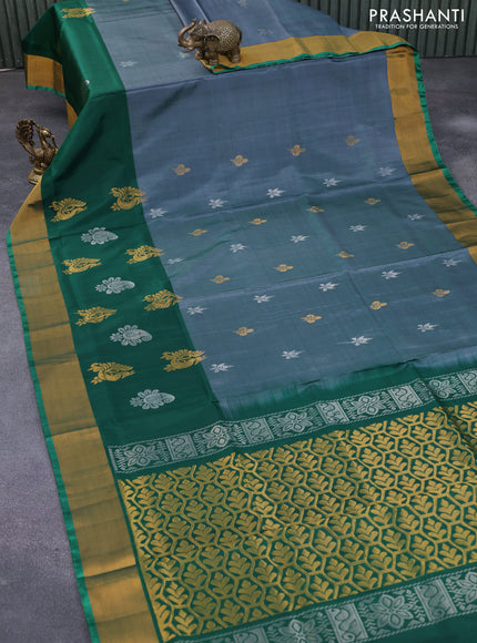 Pure uppada silk saree dual shade of greyish green and green with silver & gold zari woven buttas and zari woven border