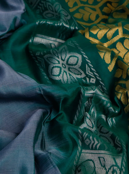 Pure uppada silk saree dual shade of greyish green and green with silver & gold zari woven buttas and zari woven border