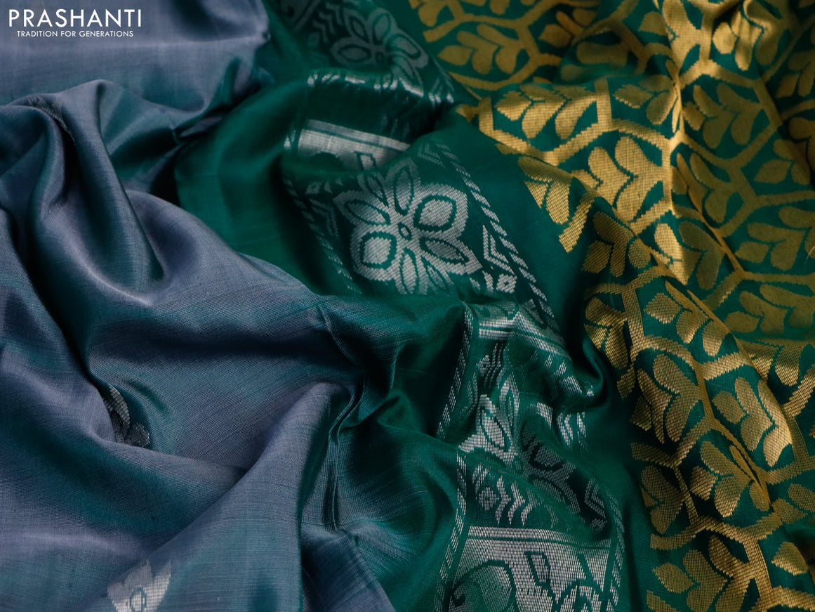 Pure uppada silk saree dual shade of greyish green and green with silver & gold zari woven buttas and zari woven border