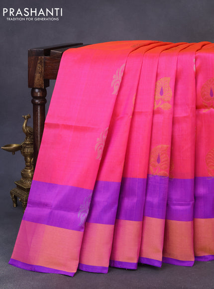 Pure uppada silk saree dual shade of pinkish orange and blue with silver & gold zari woven buttas and zari woven border