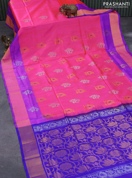 Pure uppada silk saree dual shade of pinkish orange and blue with silver & gold zari woven buttas and zari woven border