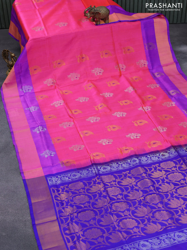 Pure uppada silk saree dual shade of pinkish orange and blue with silver & gold zari woven buttas and zari woven border