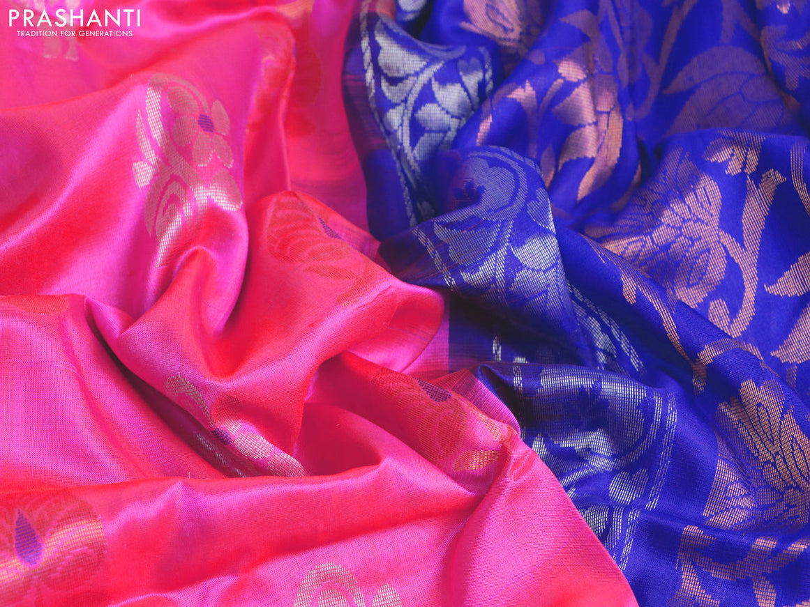 Pure uppada silk saree dual shade of pinkish orange and blue with silver & gold zari woven buttas and zari woven border