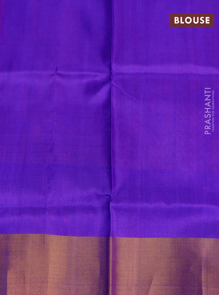 Pure uppada silk saree dual shade of pinkish orange and blue with silver & gold zari woven buttas and zari woven border