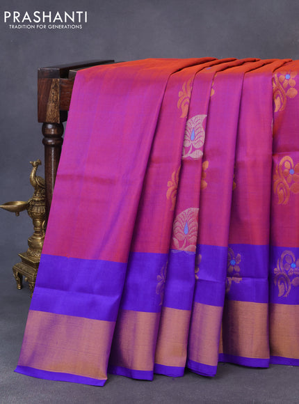 Pure uppada silk saree dual shade of bluish rust and blue with silver & gold zari woven buttas and zari woven border