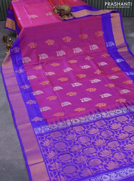 Pure uppada silk saree dual shade of bluish rust and blue with silver & gold zari woven buttas and zari woven border