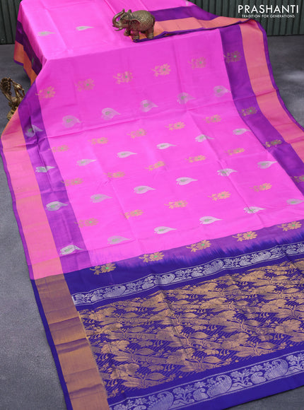 Pure uppada silk saree pink and blue with thread & zari woven buttas and zari woven border