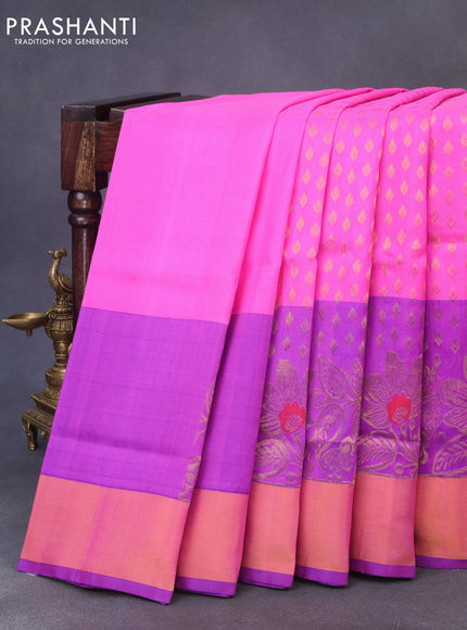 Pure uppada silk saree pink and blue with allover zari woven buttas and long floral design zari woven border