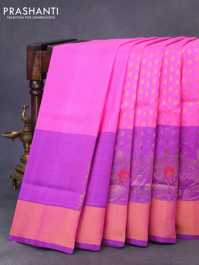 Pure uppada silk saree pink and blue with allover zari woven buttas and long floral design zari woven border