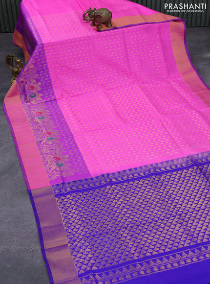 Pure uppada silk saree pink and blue with allover zari woven buttas and long floral design zari woven border