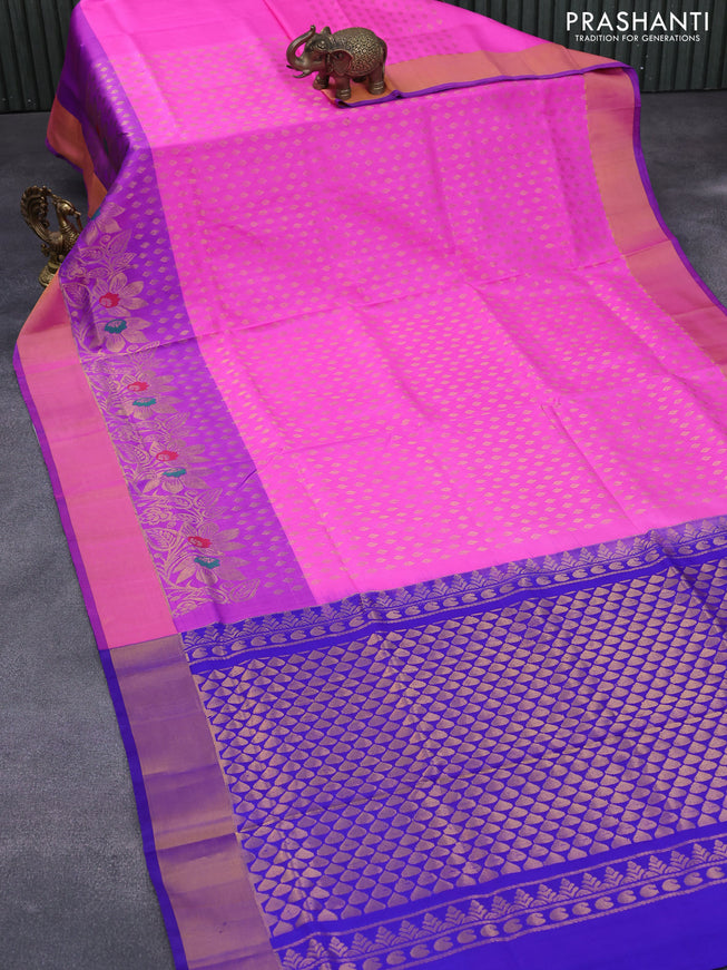 Pure uppada silk saree pink and blue with allover zari woven buttas and long floral design zari woven border