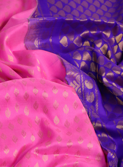 Pure uppada silk saree pink and blue with allover zari woven buttas and long floral design zari woven border