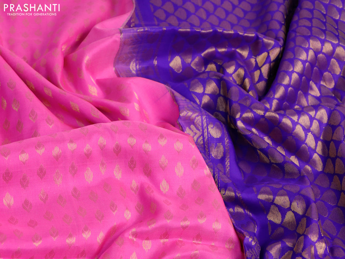 Pure uppada silk saree pink and blue with allover zari woven buttas and long floral design zari woven border