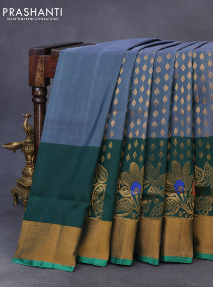 Pure uppada silk saree dual shade of grey and dark green with allover zari woven buttas and long floral design zari woven border