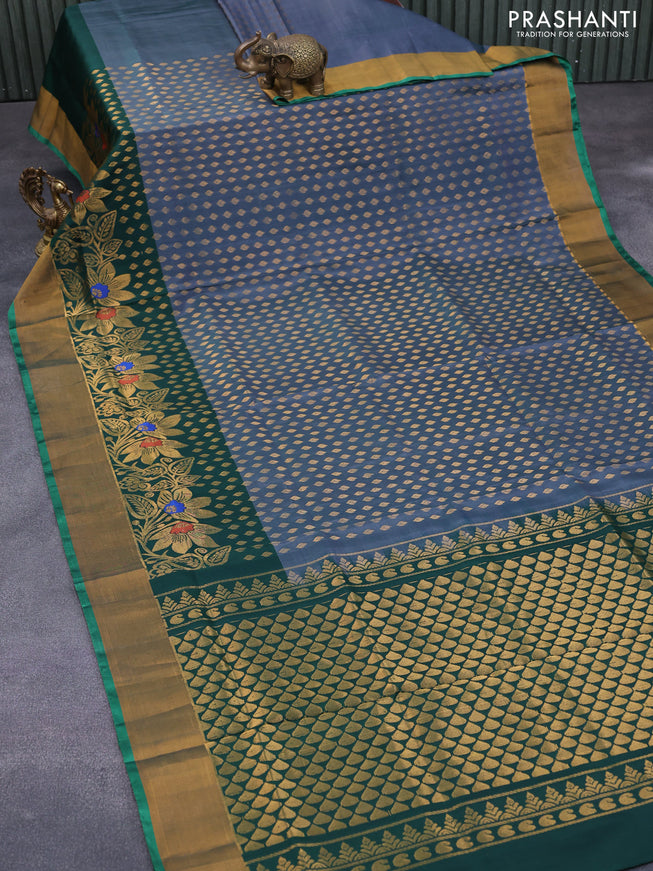 Pure uppada silk saree dual shade of grey and dark green with allover zari woven buttas and long floral design zari woven border