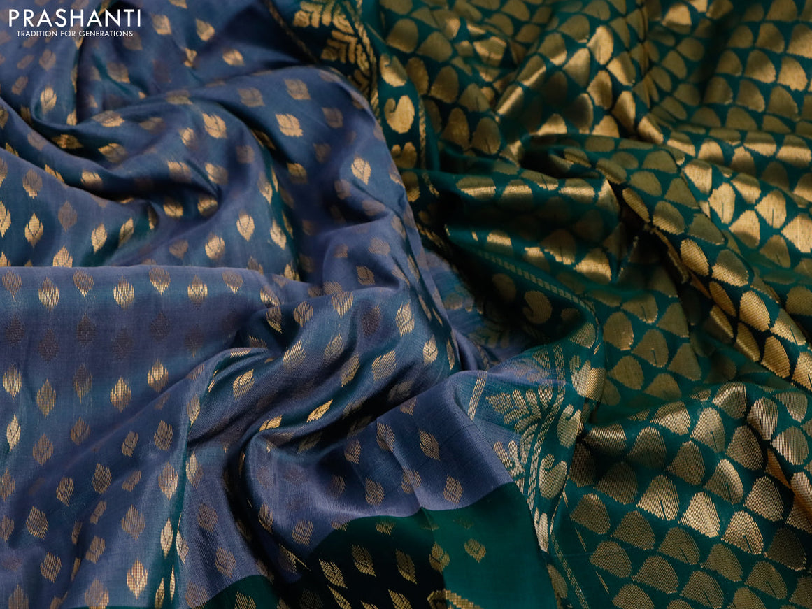 Pure uppada silk saree dual shade of grey and dark green with allover zari woven buttas and long floral design zari woven border