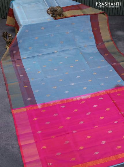 Pure uppada silk saree pastel blue and dual shade of pinkish orange with silver & gold leaf zari woven buttas and zari woven border