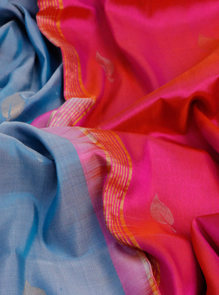 Pure uppada silk saree pastel blue and dual shade of pinkish orange with silver & gold leaf zari woven buttas and zari woven border