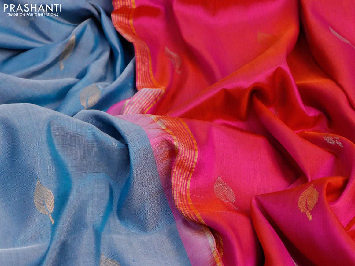 Pure uppada silk saree pastel blue and dual shade of pinkish orange with silver & gold leaf zari woven buttas and zari woven border