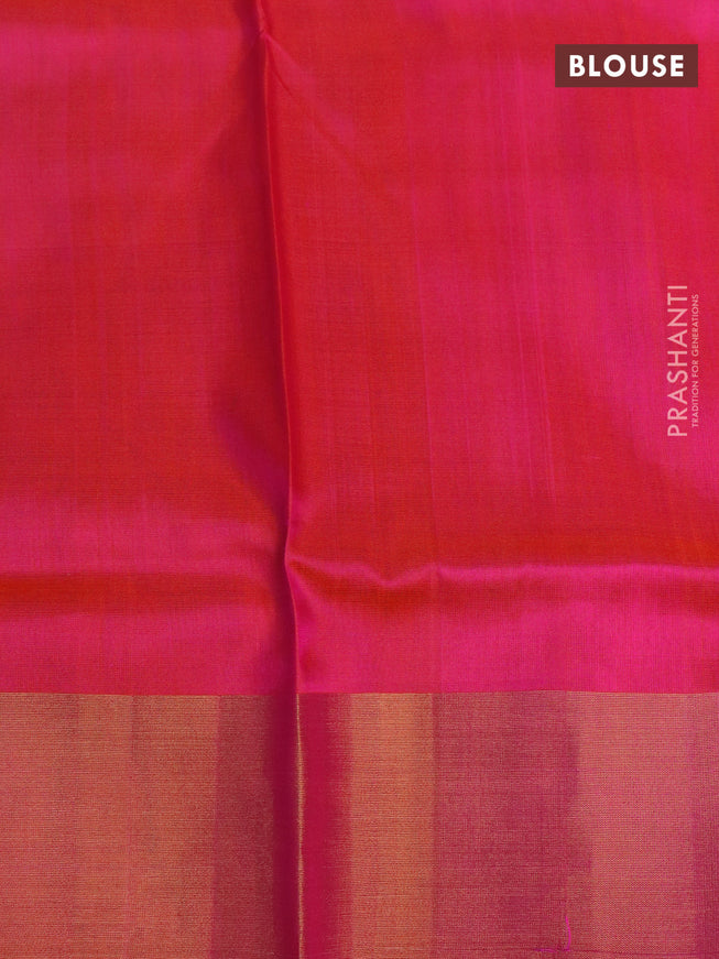 Pure uppada silk saree pastel blue and dual shade of pinkish orange with silver & gold leaf zari woven buttas and zari woven border