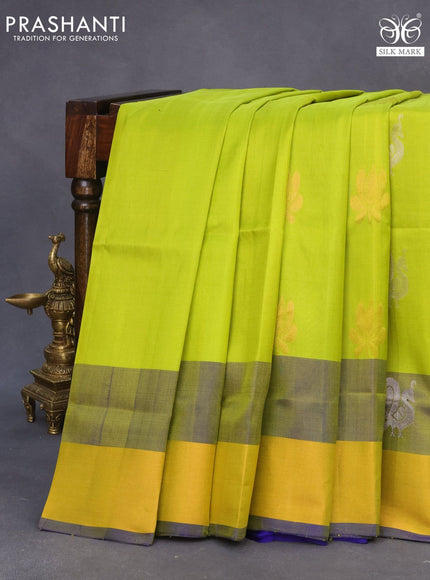 Pure uppada silk saree light green and blue with allover silver & gold zari woven buttas and zari woven border