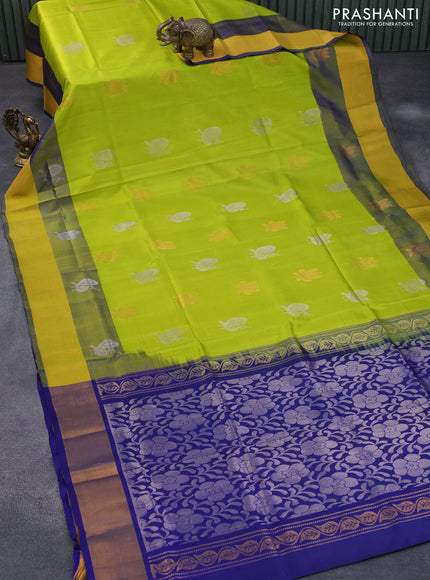 Pure uppada silk saree light green and blue with allover silver & gold zari woven buttas and zari woven border