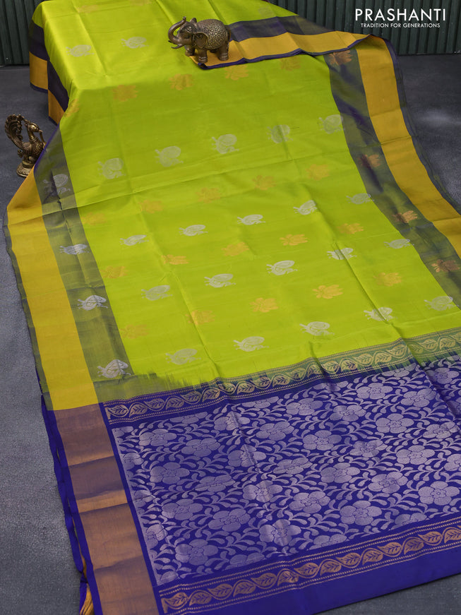 Pure uppada silk saree light green and blue with allover silver & gold zari woven buttas and zari woven border