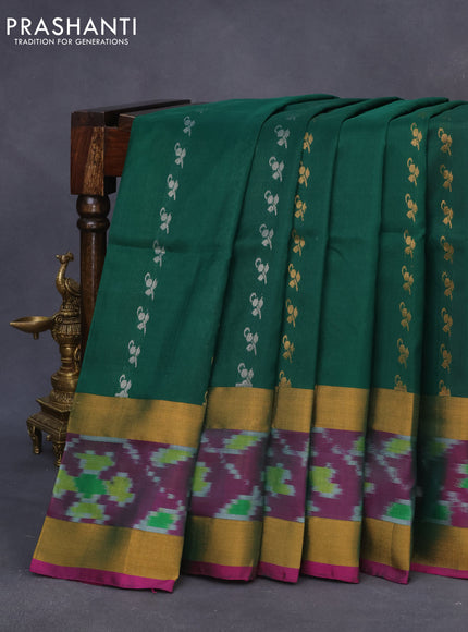 Pure uppada silk saree green and pink with allover silver & gold zari woven buttas and zari woven ikat style border