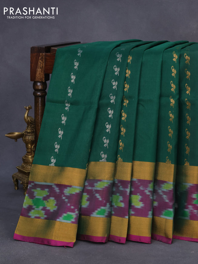 Pure uppada silk saree green and pink with allover silver & gold zari woven buttas and zari woven ikat style border