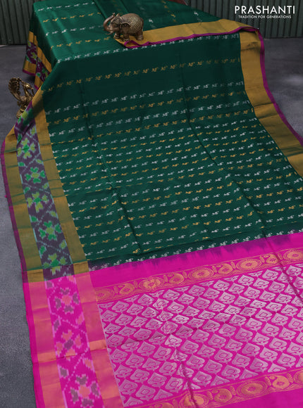 Pure uppada silk saree green and pink with allover silver & gold zari woven buttas and zari woven ikat style border