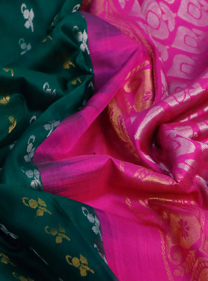 Pure uppada silk saree green and pink with allover silver & gold zari woven buttas and zari woven ikat style border