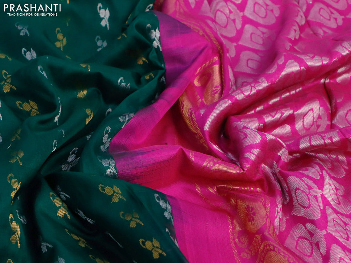 Pure uppada silk saree green and pink with allover silver & gold zari woven buttas and zari woven ikat style border