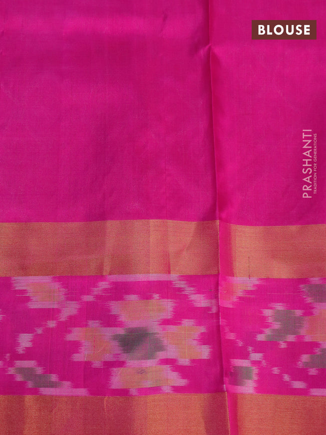 Pure uppada silk saree green and pink with allover silver & gold zari woven buttas and zari woven ikat style border