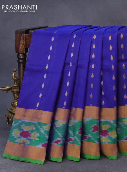 Pure uppada silk saree blue and light green with silver & gold zari woven tilak buttas and zari woven ikat style border