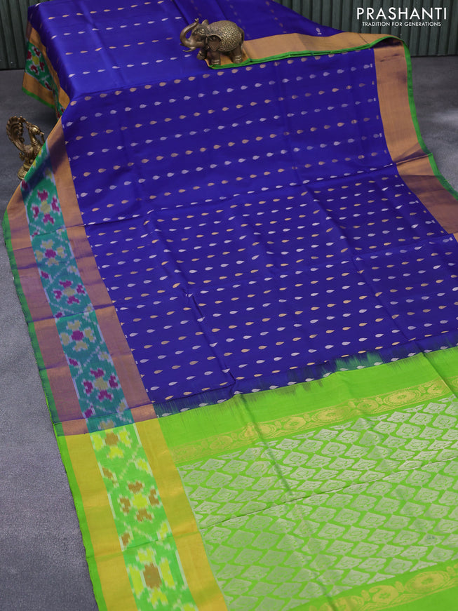 Pure uppada silk saree blue and light green with silver & gold zari woven tilak buttas and zari woven ikat style border