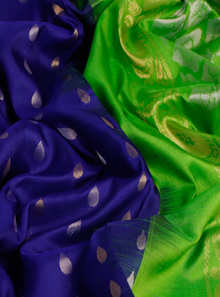 Pure uppada silk saree blue and light green with silver & gold zari woven tilak buttas and zari woven ikat style border