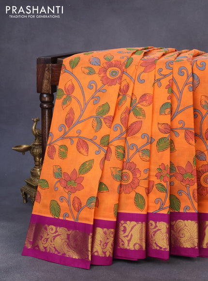 Silk cotton saree orange and purple with allover kalamkari prints and zari woven korvai border