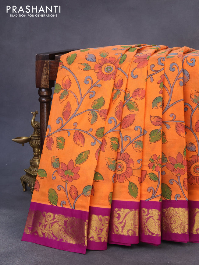 Silk cotton saree orange and purple with allover kalamkari prints and zari woven korvai border