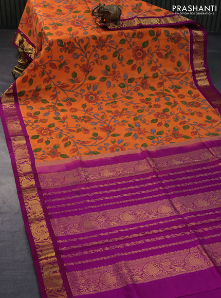 Silk cotton saree orange and purple with allover kalamkari prints and zari woven korvai border