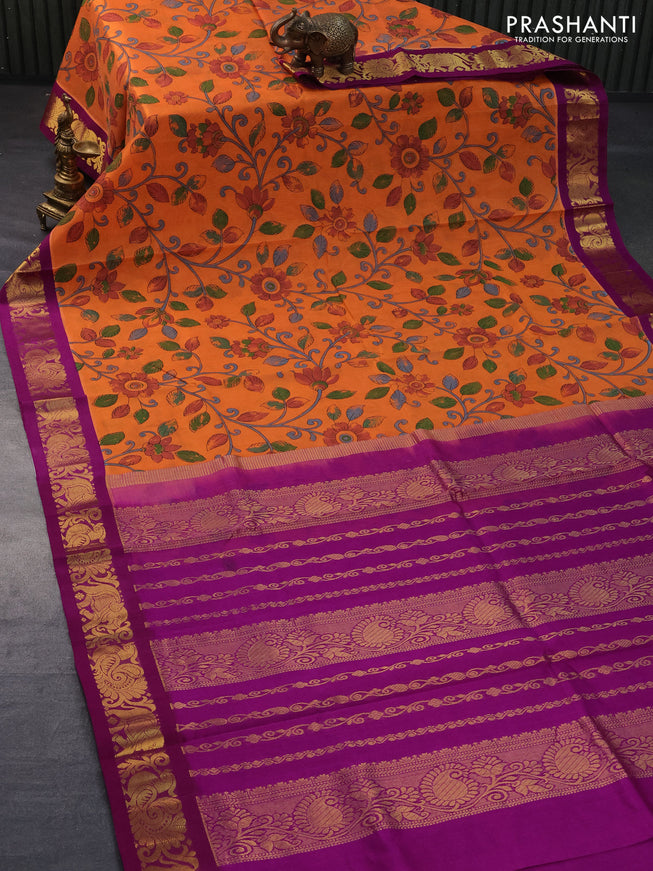 Silk cotton saree orange and purple with allover kalamkari prints and zari woven korvai border