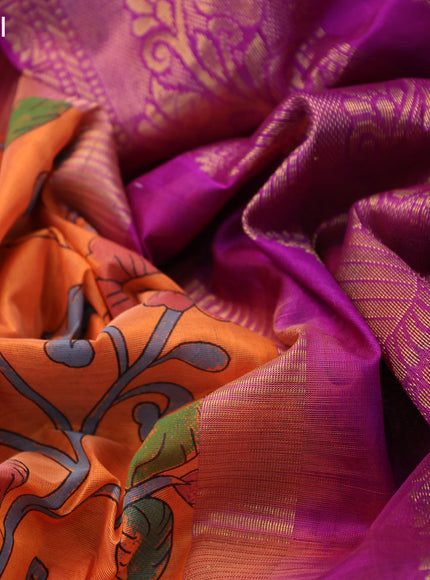 Silk cotton saree orange and purple with allover kalamkari prints and zari woven korvai border