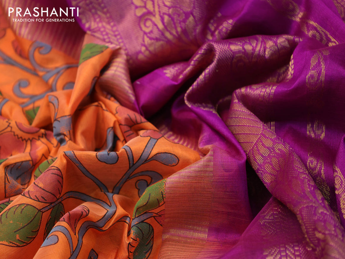 Silk cotton saree orange and purple with allover kalamkari prints and zari woven korvai border