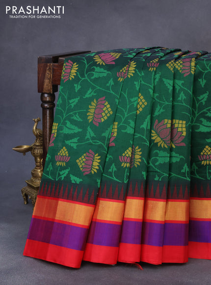 Silk cotton saree green and red with allover kalamkari prints and temple design zari woven simple border