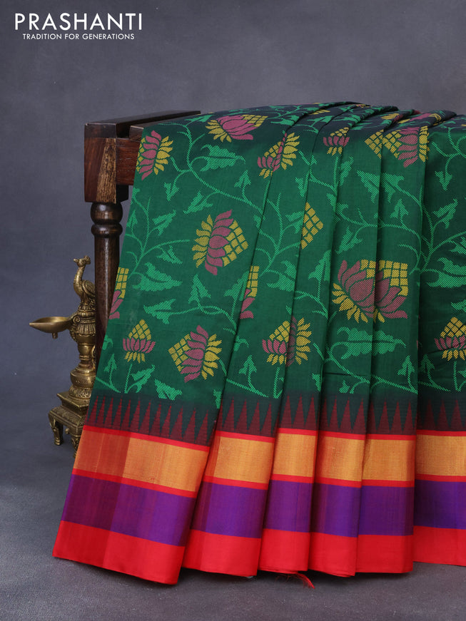 Silk cotton saree green and red with allover kalamkari prints and temple design zari woven simple border