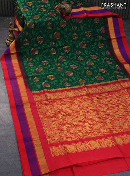 Silk cotton saree green and red with allover kalamkari prints and temple design zari woven simple border