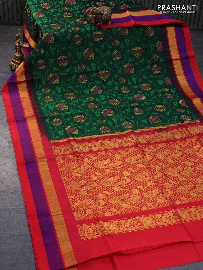 Silk cotton saree green and red with allover kalamkari prints and temple design zari woven simple border